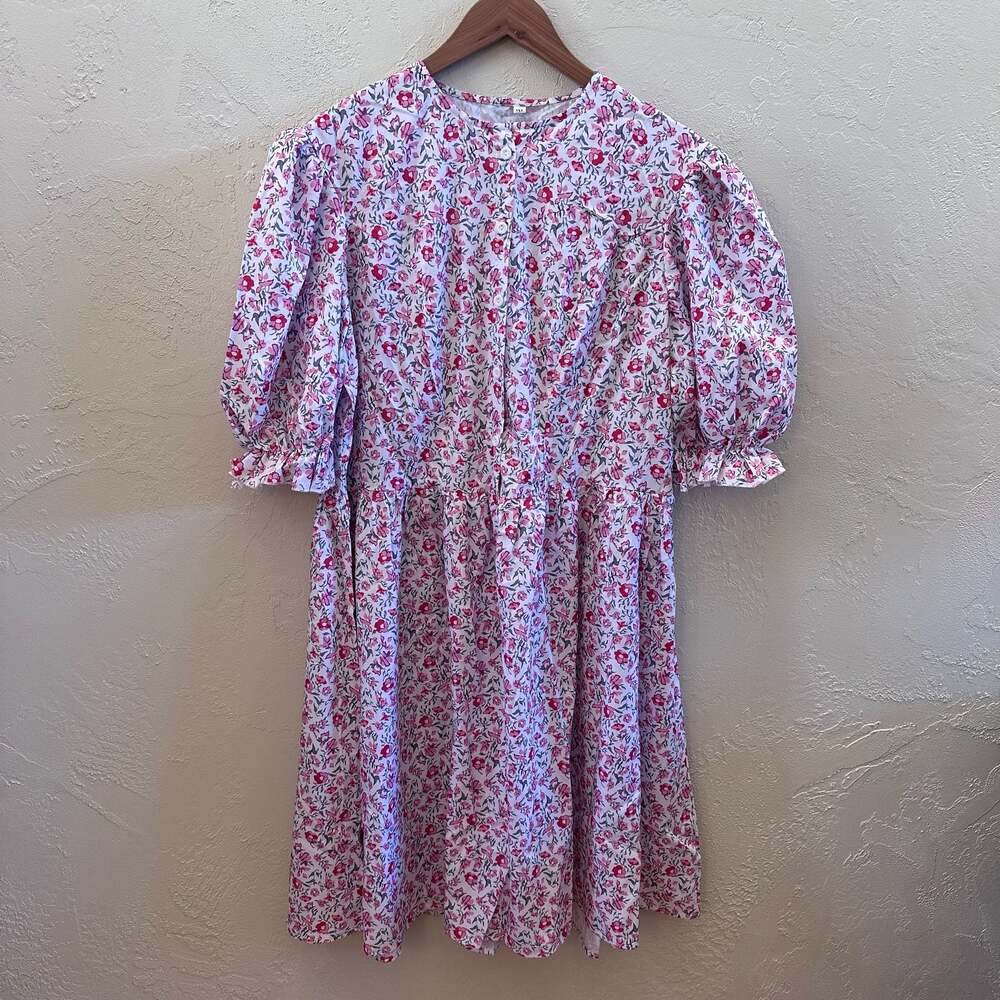Floral Print Button-Front Puff Sleeve Dress 3XL